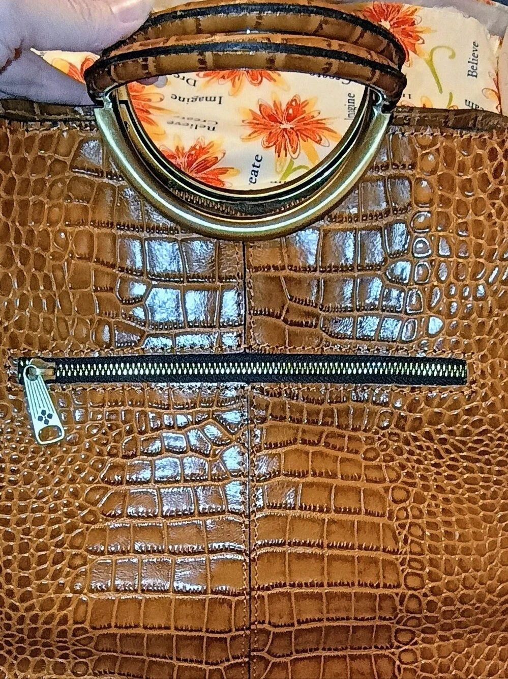 Patricia Nash Cognac Arenzano Leather Croc-Embossed Tote with Gold Ring Handle